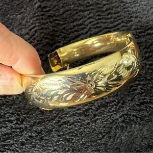 Gold Floral Engraved Hinged Bangle Bracelet